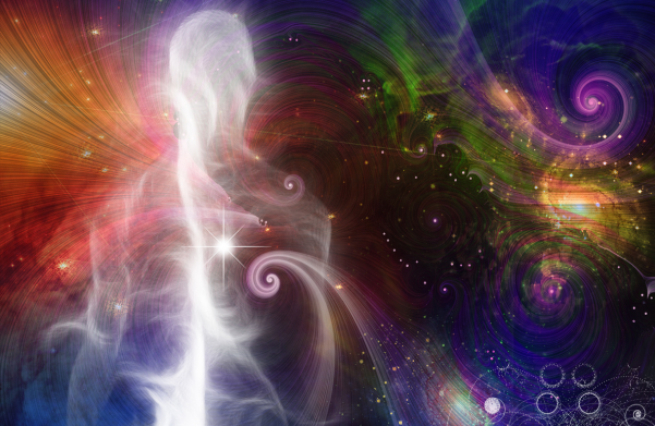 rote, gelbe, blaue, violette, grüne Farben als Energieströme im Hintergrund. mit weißen fluiden nebulösen Linien ist eine menschliche Form angedeutet.