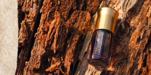 Dunkles Attar in dekorativer Ölflasche liegt auf einem Stück Baumrinde.